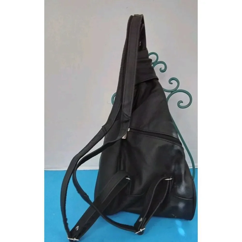 Sleek Black Leather Sling Backpack Convertible‎ Crossbody Multiple Compartments
